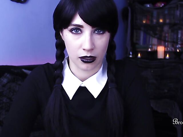 Brookelynne Briar as Wednesday Addams masturbation encouragement and dildo handjob in POV