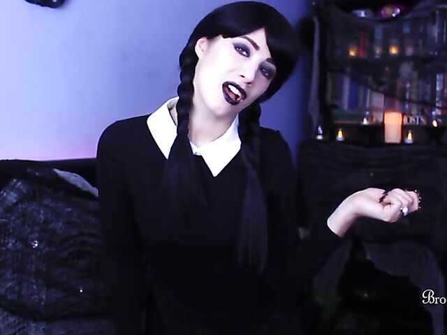 Brookelynne Briar as Wednesday Addams masturbation encouragement and dildo handjob in POV