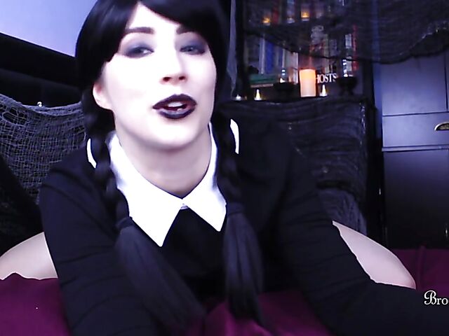Brookelynne Briar as Wednesday Addams masturbation encouragement and dildo handjob in POV