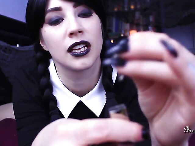 Brookelynne Briar as Wednesday Addams masturbation encouragement and dildo handjob in POV