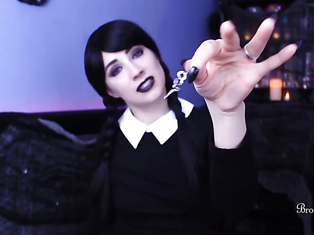 Brookelynne Briar as Wednesday Addams masturbation encouragement and dildo handjob in POV