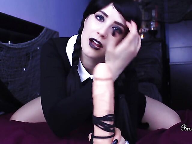 Brookelynne Briar as Wednesday Addams masturbation encouragement and dildo handjob in POV