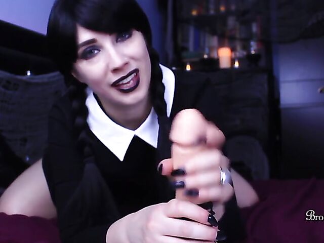 Brookelynne Briar as Wednesday Addams masturbation encouragement and dildo handjob in POV