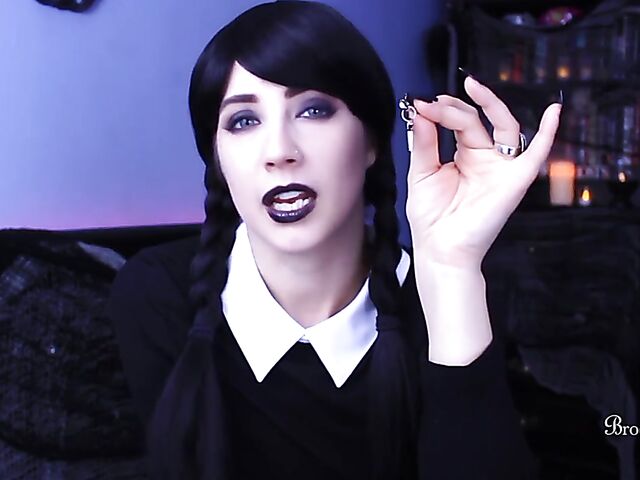 Brookelynne Briar as Wednesday Addams masturbation encouragement and dildo handjob in POV
