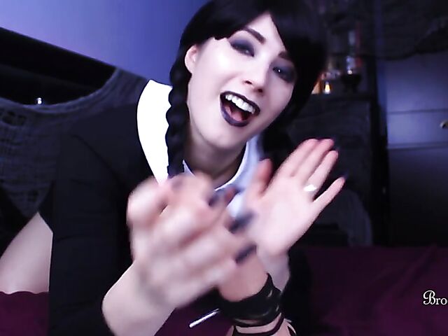Brookelynne Briar as Wednesday Addams masturbation encouragement and dildo handjob in POV