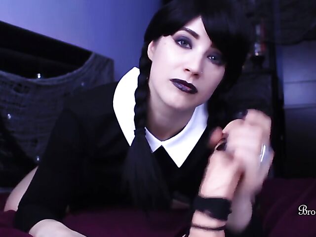 Brookelynne Briar as Wednesday Addams masturbation encouragement and dildo handjob in POV