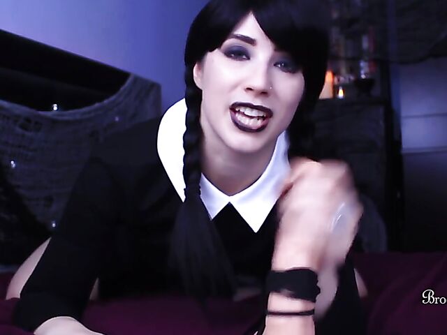 Brookelynne Briar as Wednesday Addams masturbation encouragement and dildo handjob in POV