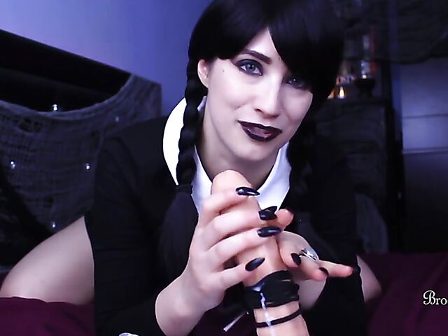 Brookelynne Briar as Wednesday Addams masturbation encouragement and dildo handjob in POV