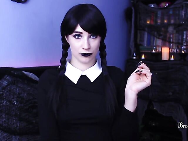 Brookelynne Briar as Wednesday Addams masturbation encouragement and dildo handjob in POV