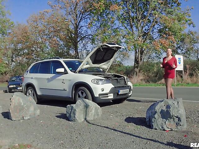 Car blowjob and roadside fuck with stuck, big tits female driver Sofia Lee