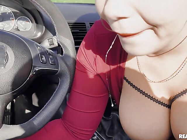 Car blowjob and roadside fuck with stuck, big tits female driver Sofia Lee