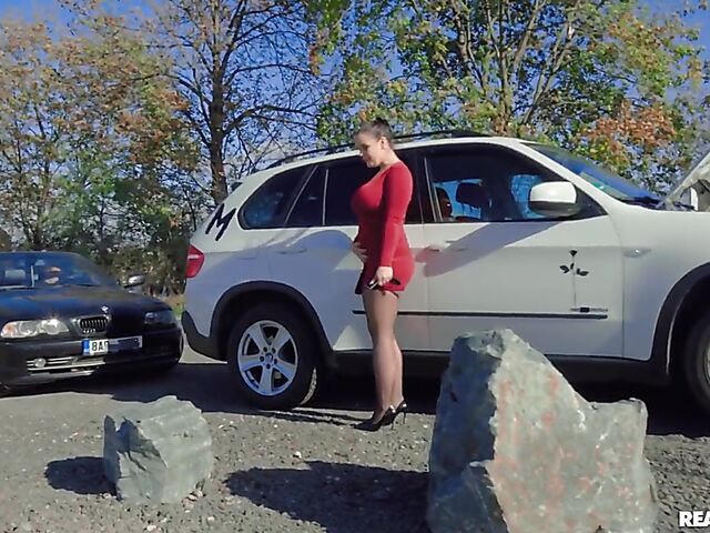 Car blowjob and roadside fuck with stuck, big tits female driver Sofia Lee