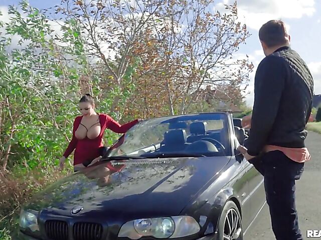 Car blowjob and roadside fuck with stuck, big tits female driver Sofia Lee