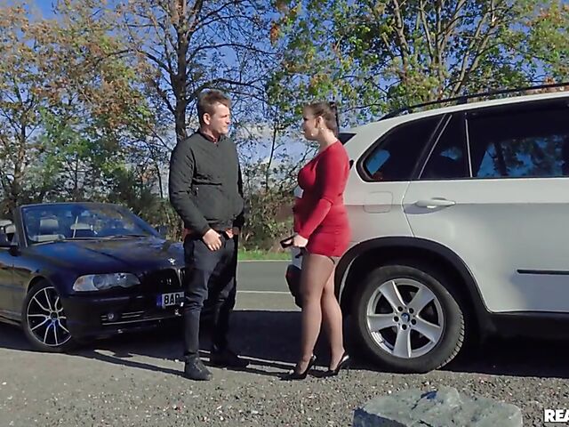 Car blowjob and roadside fuck with stuck, big tits female driver Sofia Lee