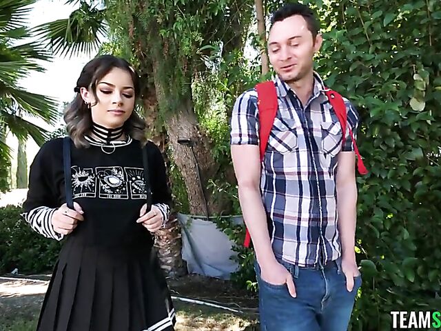 Big tits teen in harness lingerie Bella Luna seduces her classmate into pussy fucking ritual