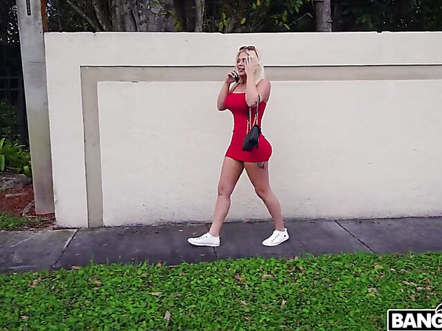Paris Banks - Big tits blonde in red mini dress fuck for cash in a van