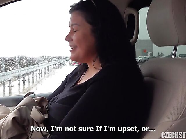 Busty BBW anal POV session in the car for money