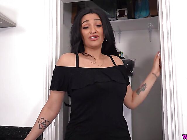 Standing dirty talk masturbation in sexy lingerie in the kitchen with busty India Asia