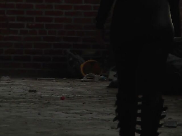 Rough threesome anal in black leather catsuit with Maddy O'Reilly