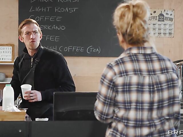 Big cock barista Danny D secretly fucks fake tits MILF blonde Barbie Sins at the coffee shop