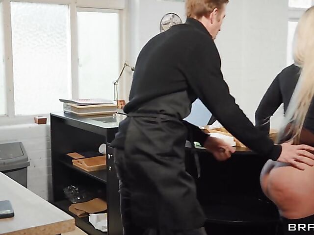 Big cock barista Danny D secretly fucks fake tits MILF blonde Barbie Sins at the coffee shop