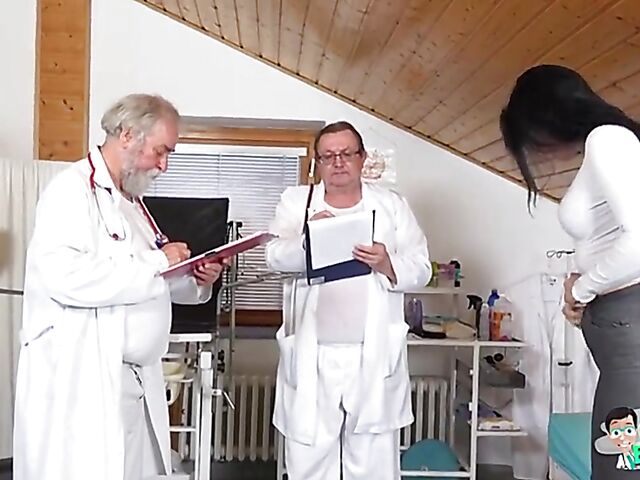 Old and young gyno exam and fucking machine with bespectacled Keira Flow