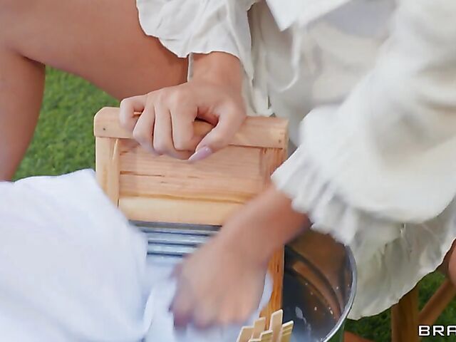 Asian dick between Angel Youngs' big natural boobs