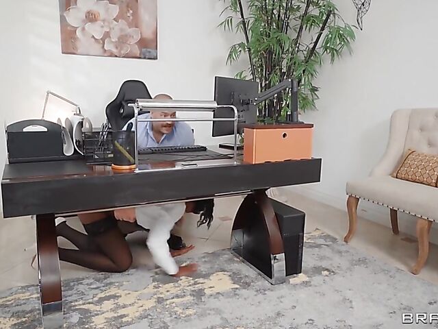 Interracial threesome in Xander Corvus' home office with Mocha Menage and Armani Black