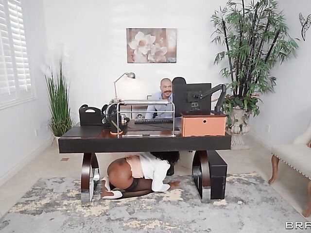 Interracial threesome in Xander Corvus' home office with Mocha Menage and Armani Black