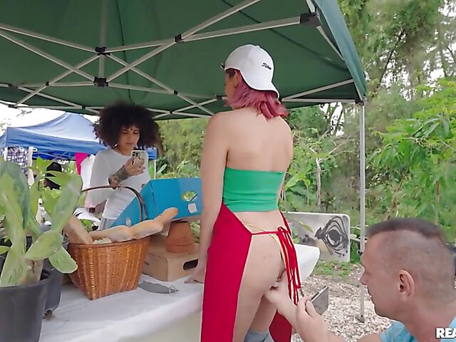 Naughty things behind the produce stand and outdoor quickie with hot farmer Roxie Sinner