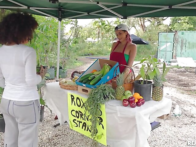 Naughty things behind the produce stand and outdoor quickie with hot farmer Roxie Sinner