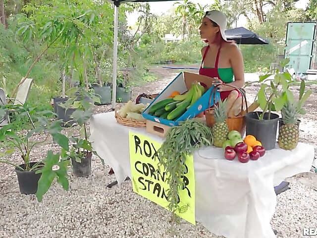 Naughty things behind the produce stand and outdoor quickie with hot farmer Roxie Sinner