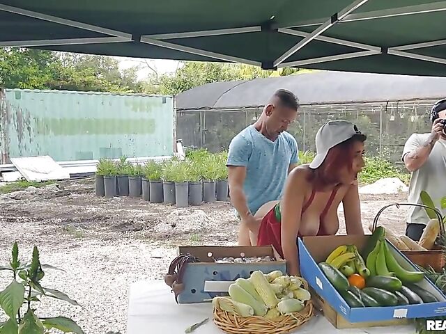 Naughty things behind the produce stand and outdoor quickie with hot farmer Roxie Sinner