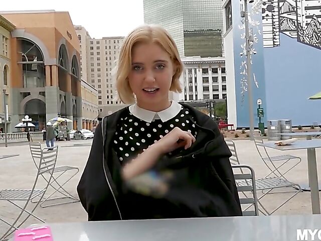 Small tits blonde Chloe Couture flashes her pussy in public before she takes a cock