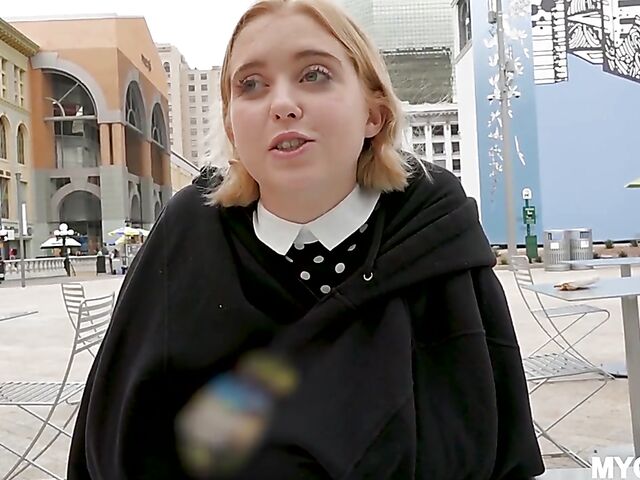 Small tits blonde Chloe Couture flashes her pussy in public before she takes a cock