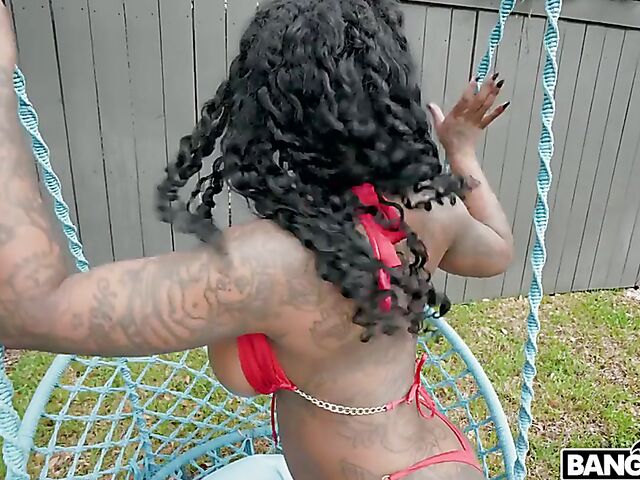 GoGo FukMe - Tattooed ebony big ass babe with massive tits fucks a black guy in the pool