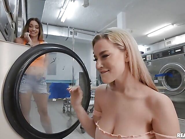 Lesbian scissoring and pussy licking in the laundry room with Lake Blossom, Clara Trinity and Leila Larocco