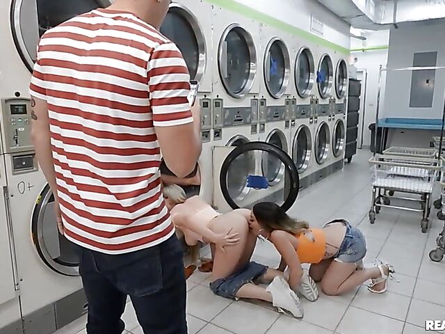 Lesbian scissoring and pussy licking in the laundry room with Lake Blossom, Clara Trinity and Leila Larocco