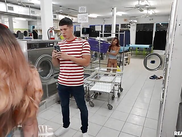 Lesbian scissoring and pussy licking in the laundry room with Lake Blossom, Clara Trinity and Leila Larocco