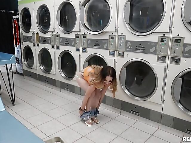 Lesbian scissoring and pussy licking in the laundry room with Lake Blossom, Clara Trinity and Leila Larocco