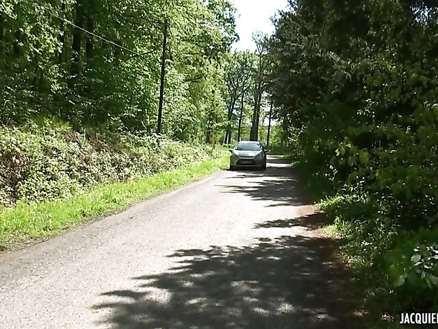 Outdoor DP in black stockings with stranded Elena Star