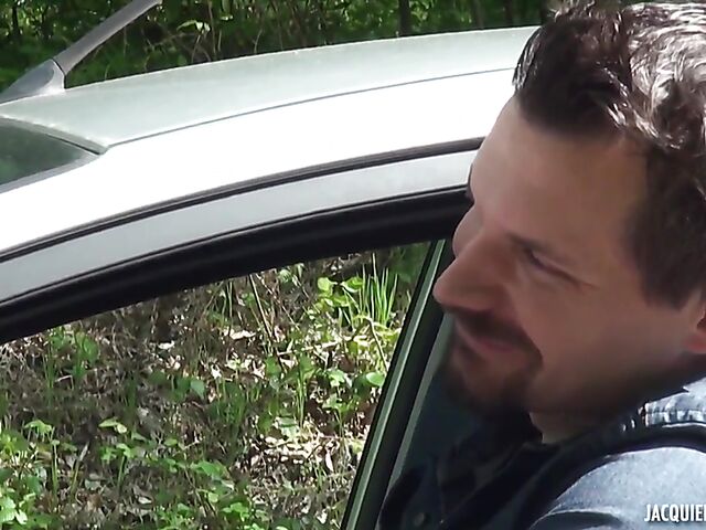 Outdoor DP in black stockings with stranded Elena Star