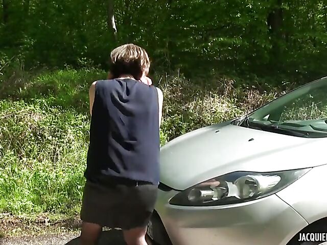 Outdoor DP in black stockings with stranded Elena Star