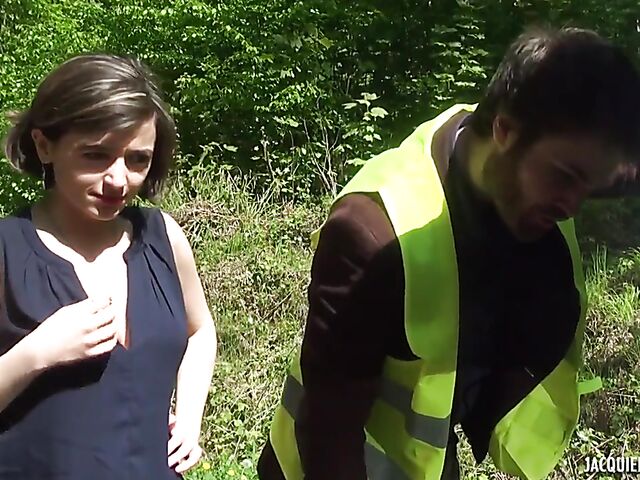 Outdoor DP in black stockings with stranded Elena Star