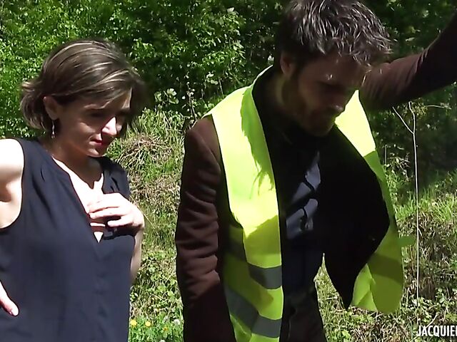 Outdoor DP in black stockings with stranded Elena Star