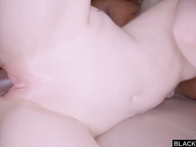 Pale blonde Lily Larimar blows and fucks two black cocks