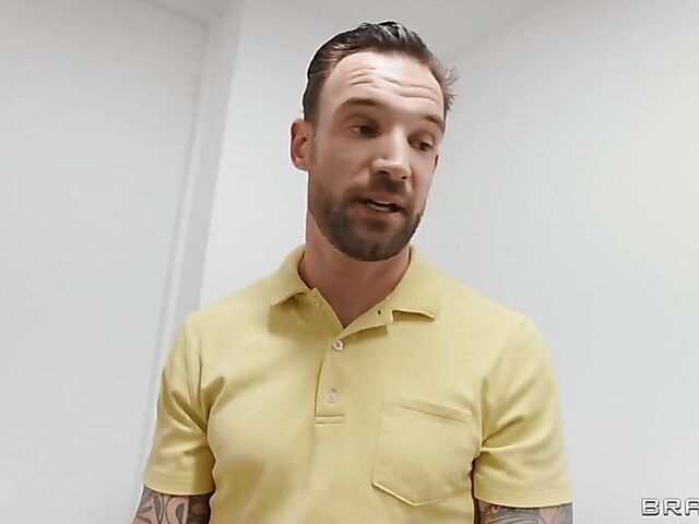 Well-endowed blonde MILF Mellanie Monroe gets horny on the stairs