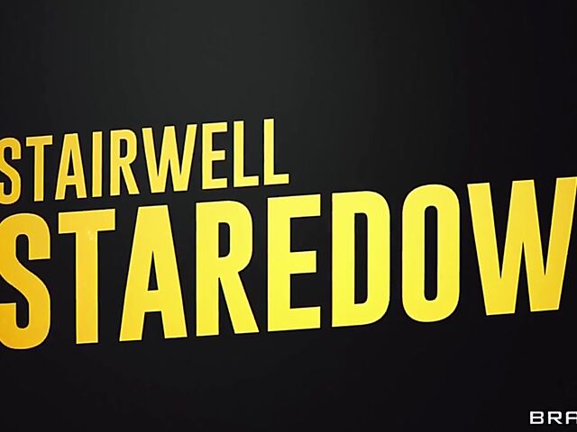 Well-endowed blonde MILF Mellanie Monroe gets horny on the stairs