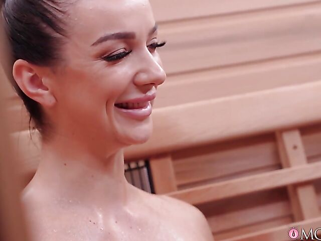 Big tits lesbian sauna and massage table sex with wet Crystal Swift and Lady Gang