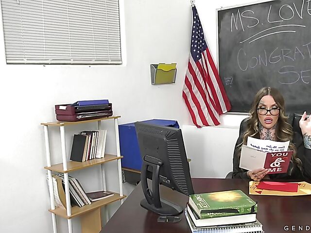 Busty shemale teacher Nadia Love gets anal drilled by her student